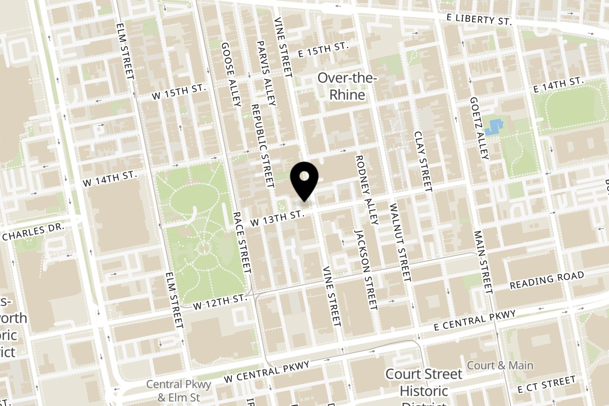Map showing the location of Lucy Blue Pizza on 1301 Vine St in Cincinnati